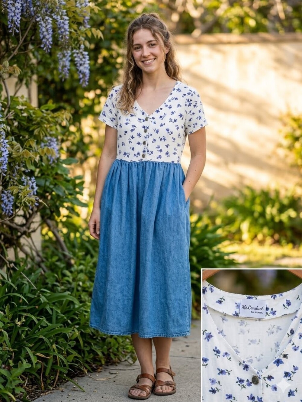 Ms Conduct California  Blue Floral Top Denim Skirt Dress M/L